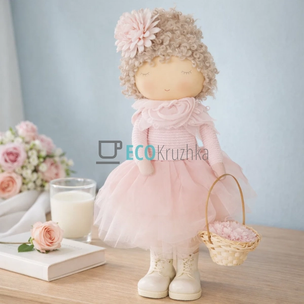 Декоративна лялька з кошиком 20х10х36см ніжно-рожева (83 ...