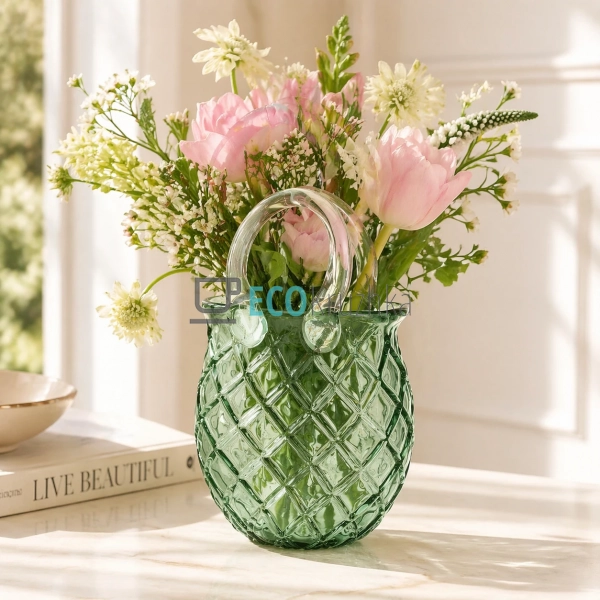 Ваза Сумочка скляна ручної роботи 16х10х27 см зелена (99 ...