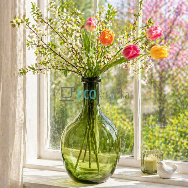 Ваза Пляшка скляна 21х40 см зелена (992-571)