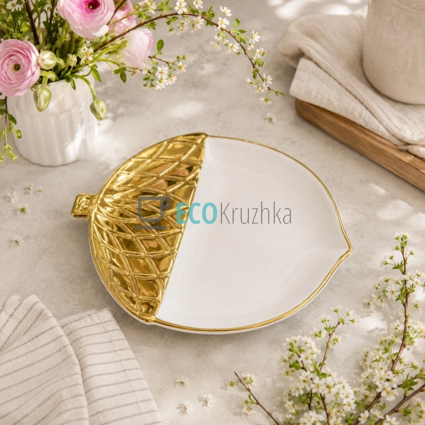Порцелянове блюдо Gold Acorn 25х20 см у формі жолудя із  ...