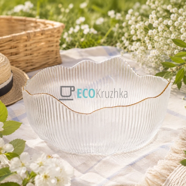 Салатник скляний прозорий Fleur 20 см із золотим обідком ...