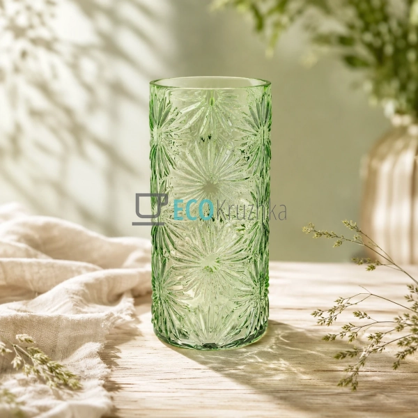 Скляна ваза Ромашки зелена 15×30.5 см з фактурним малюнк ...