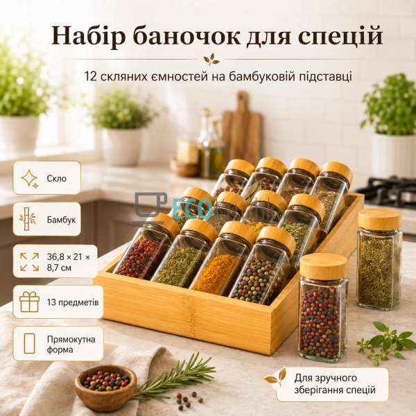 Набір баночок для спецій з бамбуковою підставкою, 12 скл ... Набір баночок для спецій з бамбуковою підставкою, 12 скл ...