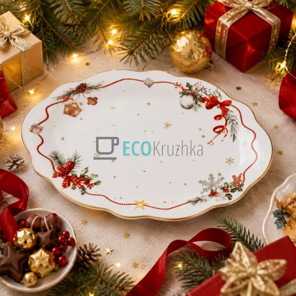 Порцелянове овальне блюдо Christmas Ribbon з хвилястим к ... Порцелянове овальне блюдо Christmas Ribbon з хвилястим к ...