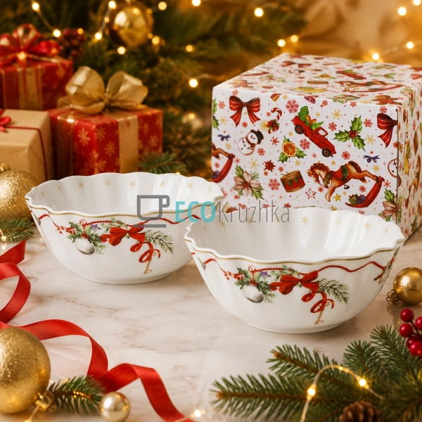Набір порцелянових піал Christmas Ribbon 540 мл з хвиляс ...