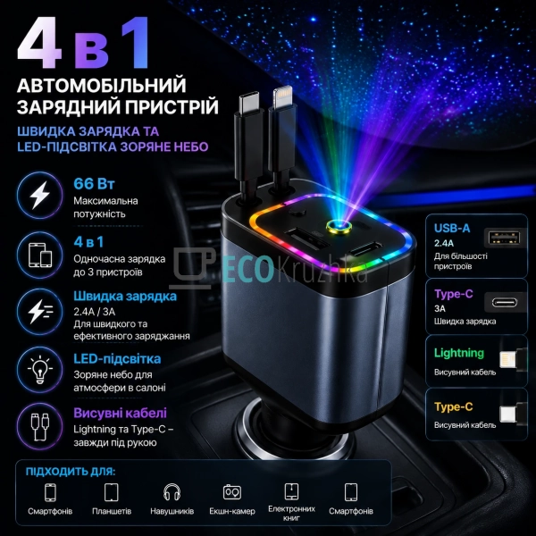 Автомобільний зарядний пристрій 4 в 1 зі швидкою зарядко ...