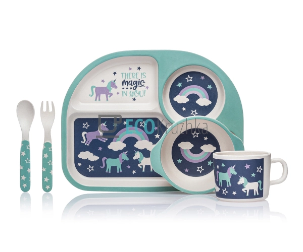 Набір дитячого посуду бамбуковий 5 приладів Єдиноріг Eco ...