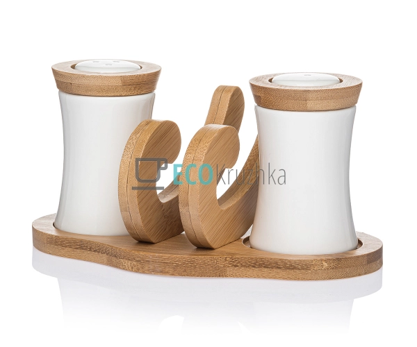 Сільничка та перечниця, серветниця на бамбуковій підстав ...