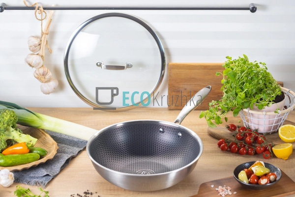 Cковорода WOK 30х9 см нержавіюча професійна з кришкою Ed ...